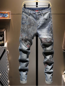 High-End Mens Embroidered Denim Jeans Retro Washed Casual Fashionable European Style Patchwork Heavy Craftsmanship Long Trousers