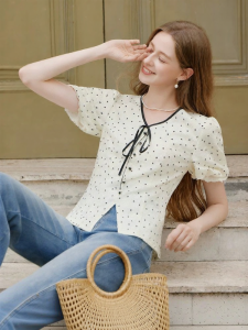 XIANGYING | Polka Dot V-Neck Short Sleeve Blouse