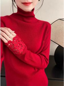เสื้อสเวตเตอร์ถักคอปกปิดคอพองแขนยาวผ้าขนสัตว์เนื้อนุ่มสีแดงสำหรับฤดูใบไม้ร่วงและฤดูหนาวปีใหม่ปี 2025 เสื้อถักผ้าขนสัตว์เนื้อนุ่มลายลูกไม้