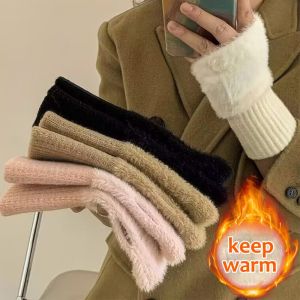 1pair Women Winter Keep Warm Plush Gloves Elasticity Soft Half Fingers Mittens Imitation Mink Fur Knitted Girls Fashion Gloves