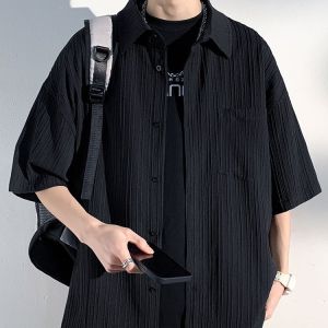 IELGY Ice Silk Shirt Short-Sleeved Mens Summer Thin Style Solid Color Casual Street Wear Ruffian Handsome Five-Point Shirt Clothes Summer Jacket Trendy