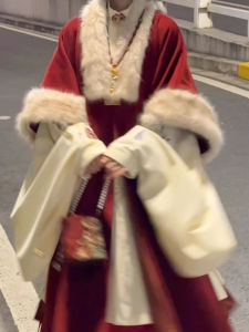 Christmas New Year Hanfu Womens Winter Fur Robe New Year Greeting Long Shirt Face Horse Skirt Ensemble Fashionable Traditional Wear