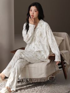 MiiOW | Bộ đồ ngủ cotton nguyên chất cho nữ mùa xuân thu MiiOW Áo choàng cổ bẻ dài tay quần dài thoải mái thoáng khí
