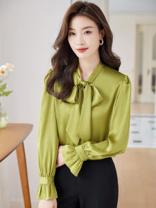 Elegant Green Silk Shirt Womens Top Spring New Style Office OL Inner Wear Butterfly Knot Straight Tube Long Sleeve Pure Color