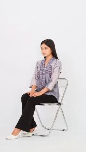 Atasan Batik Blouse Couple Wanita & Kemeja Pria Color Grey Soft-SKU LABUBU Batik Dua Putri