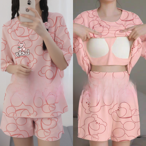 Pure Cotton Sleepwear Womens Small Size with Chest Pad Summer Home Clothes Short Sleeve round Neck Print Shorts Home Style