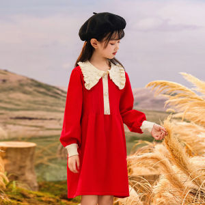 Girl New Year Dress Chinese Red Knitting Dress 24 Fall and Winter New Arrival Western Style Kids Peter Pan Collar Sweater Skirt