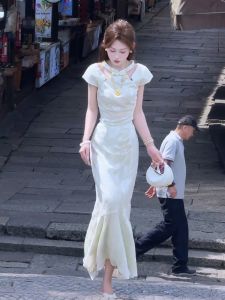 SHANGSHA | Summer Chinese Style Modified Elegant High Quality White Jacquard Dress Set