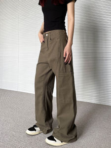 Apocket American Retro Light สีเบจ Micro Flared Work กางเกง Women Clean Fit High Street หลวม พรางหุ่น กางเกงขายาว ลำลอง ผ้าฝ้าย