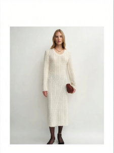 Textured Alpaca Wool Dress White U-neck Knit Slim Fit Autumn Winter