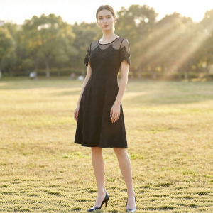 Lace Hollowed Out Splicing Round Neck Slimming Dress