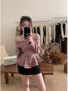 Korean Style Sweet Spicy Color Block Plaid One Shoulder Long Sleeve Shirt Womens Autumn New Pure Desire Slimming Top