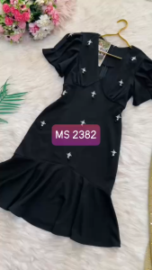 MyDu Shop | MS 2382 Đầm Thun Dự Tiệc – Cổ Tim Tay Ngắn Dún Kết Xoàn Rơi Tôn Dáng