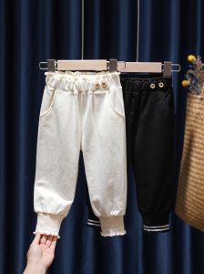 กางเกงเดรสฤดูใบไม้ผลิและฤดูใบไม้ร่วงสำหรับเด็กผู้หญิง กางเกงขายาวลำลองสำหรับเด็กผู้หญิง กางเกงขายาวแฟชั่นสำหรับเด็ก ผ้าฝ้าย ไม่มีกระเป๋า ไม่มีซิป
