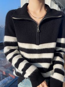 New Autumn Winter Striped Knit Sweater with Lapel Zippered Long Sleeves for Women Fashionable Simple Elegance Style
