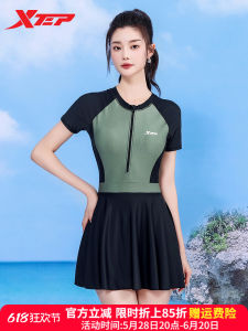 XTEP 2025 New Womens One-Piece Swimsuit Fashion Color Block Slimming Beach Vacation Sportswear Tummy Covering Flat Footwear