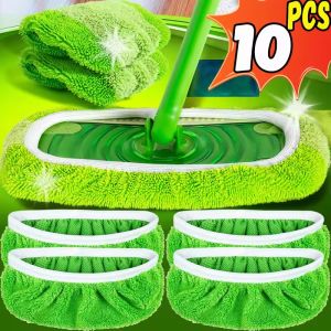 ผ้าเช็ดทำความสะอาดได้10ชิ้นสำหรับเปลี่ยนทั้งเปียกและแห้งชุดทำความสะอาดหัวม็อบปูพื้นเฟอร์นิเจอร์สีเขียวแผ่นม๊อบถูพื้นไมโครไฟเบอร์แบบนำกลับมาใช้ใหม่