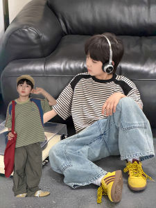 Boys Stripe Short Sleeve T-Shirt Light Summer Letter Splicing Contrast Color Casual Base Wear
