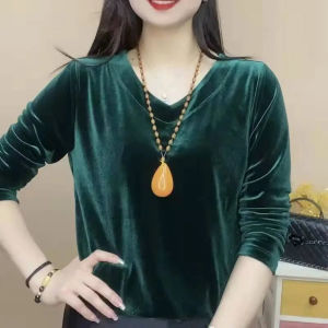 Fashionable Velvet Long Sleeve V-Neck Base Shirt Loose Slimming Top for Women Autumn New Style Commute Simple Classic T-Shirt