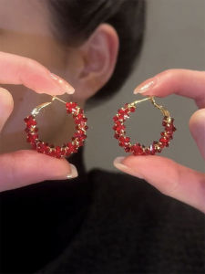 Red Zircon Clasp Women's Luxury Elegant Earrings: A Geometric Pattern & Korean Style Pair