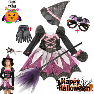 Little Girl Witch Disguise Halloween Treat or Trick Festival Wizard Costume Play Dress+Witch Hat+Wand+Bag All Saints Eve Dress