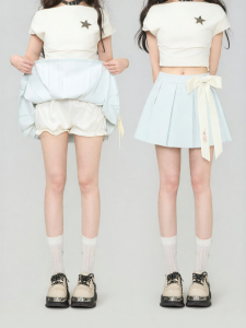 KEIKO | Detachable Bow College Style A-Line Mini Skirt Light Blue