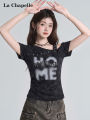 La Chapelle | Letter Print Off-Shoulder Slim Fit Short Tee. 