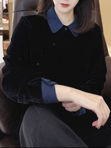 Black Velvet Shirt Womens Fashionable Vintage Doll Collar Long Sleeve Mid-Length Straight Cut Button-Up Polo Neck Commute Style