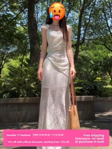 BIFEIMENG | French White Lace Spaghetti Strap Maxi Dress