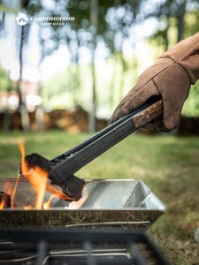 Camping Moon BBQ Clamp Multi-Purpose Outdoor Stainless Steel Anti-Scalding Long Handle Teak Wood Charcoal Clamp Camping Supplies