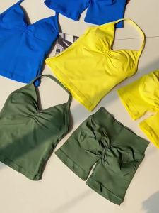 Bộ Đồ Thể Thao Nữ 2 Món Gồm Áo Hai Dây Không Lưng Và Quần Short Cạp Cao Co Giãn Liền Mạch Bộ Đồ Tập Gym Yoga