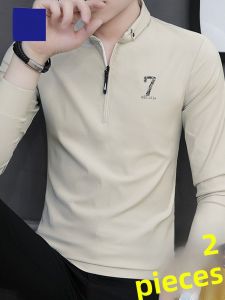 ROMON | Lormen Mens Long Sleeve Polo Shirt Casual Zipper Collar T-Shirt Business Casual Fashion Urban Style Cotton Nylon Spandex Blend