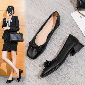 Comfortable Black Work Shoes for Women Soft Bottom Thick Heel 3cm Medium Heel Slip-On Professional Shoes Suitable for Daily Wear