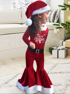 Christmas Girl Velvet Embroidery Cartoon Letter Santa Print Long Sleeve T-Shirt Flared Pants Cap Set Childrens Holiday Outfit