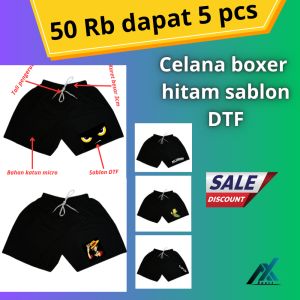 PAKET HEMAT 50 RB DAPAT 5 PCS CELANA BOXER PRIA WANITA BOXER PREMIUM HITAM SABLON DTF