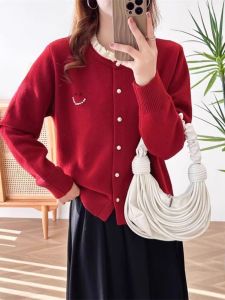 2024 Early Autumn New Womens Knitwear Sweater Loose Fit Long Sleeves Crewneck Zippered Work Clothing in Red for Petite Females
