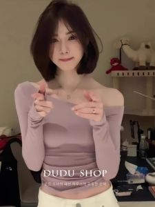 CHOEFULYN | Elegant Purple Off-Shoulder Long Sleeve T-shirt