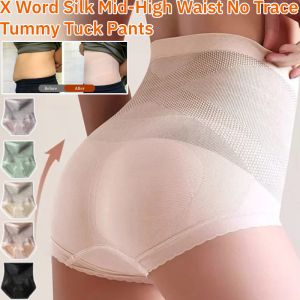 X Word Silk Mid-High Waist No Trace Tummy Tuck Pants Womens Plus Size Tummy Tightening Seamless Panties