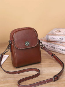 Fashionable Real Leather Phone Bag Mini Crossbody Womens Vertical Double Zipper Casual Single Shoulder Bag Stylish New 2025