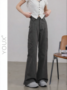 YOUXIANG | Quần Jeans Quần Tây Phong Cách Retro Cao Thắt Dây Chống Rộng và Ôm Cho Mùa Thu đến Mùa Đông