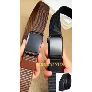 RENNE Sabuk Pria Kanvas Otomatis 125cm Ikat Pinggang Kepala Besi Warna Hitam Model Kasual