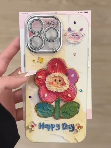 Ốp Hoa Halogram Hoa Đỏ Happy Day Có Bảo Vệ Camera Lấp Lánh Siêu Đẹp Cho iPhone 11 12 13 14 15 16 17 Plus/ Pro/ Promax