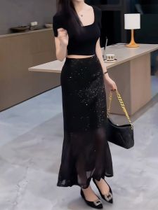 กระโปรงทรงหางปลาสุดเก๋ไก๋สำหรับผู้หญิง กระโปรงทรงเอเอวสูง ทรงเข้ารูป ผ้าไนลอน ทรงเอ กระโปรงทรงเอ ฤดูร้อน 2024