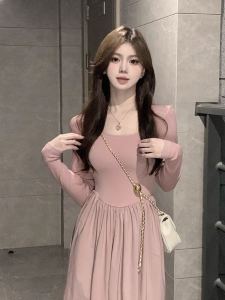French Style Square Collar Long Sleeve Dress Women Early Autumn Small Size High Sense Elegant Waist Inward Gentle Fairy Long Dress