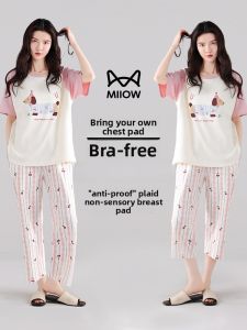 Miiow | Pure Cotton Cat Person Sleepwear With Chest Pad One-Piece Womens Summer Short Sleeve Seven-Part Long Pants Cotton Home Clothes
