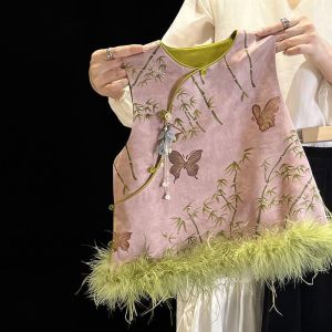 Spring Girls Vest Sleeveless Jacquard Chinese Style Matchable