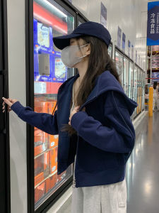 Womens Hooded Cardigan Fleece-Lined Short Coat Spring Autumn Winter Small Size Royal Blue Trendy Thick Outerwear