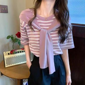 QJshop เสื้อแขนสั้นผู้หญิงลายทาง มาแรงมาก ใส่วันสบายๆ ราคาสบายกระเป๋า คุณภาพเลิศ