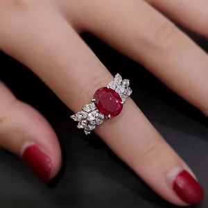 Young3 Carat High Carbon Diamond Red Ruby Ring for Women Wide Edition Feather Inlaid Gemstone Pigeon Blood Red Jade Ring