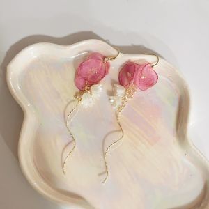 Zoozmini French Style Fairy Tale Pink Tassel Lace Floral Ear Cuffs Lightweight Luxury Unique Exaggerated Holiday Earrings